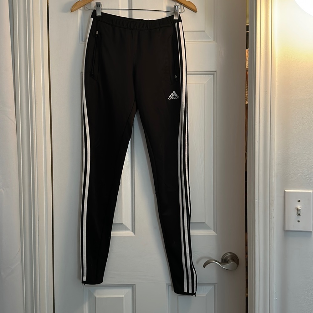 Adidas women’s black track pants joggers partial zipper size XS with pockets